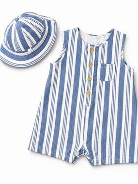 NWT Baby Essentials Gauze Romper & Sun Hat Set 18M Blue Stripe Toddler Boy